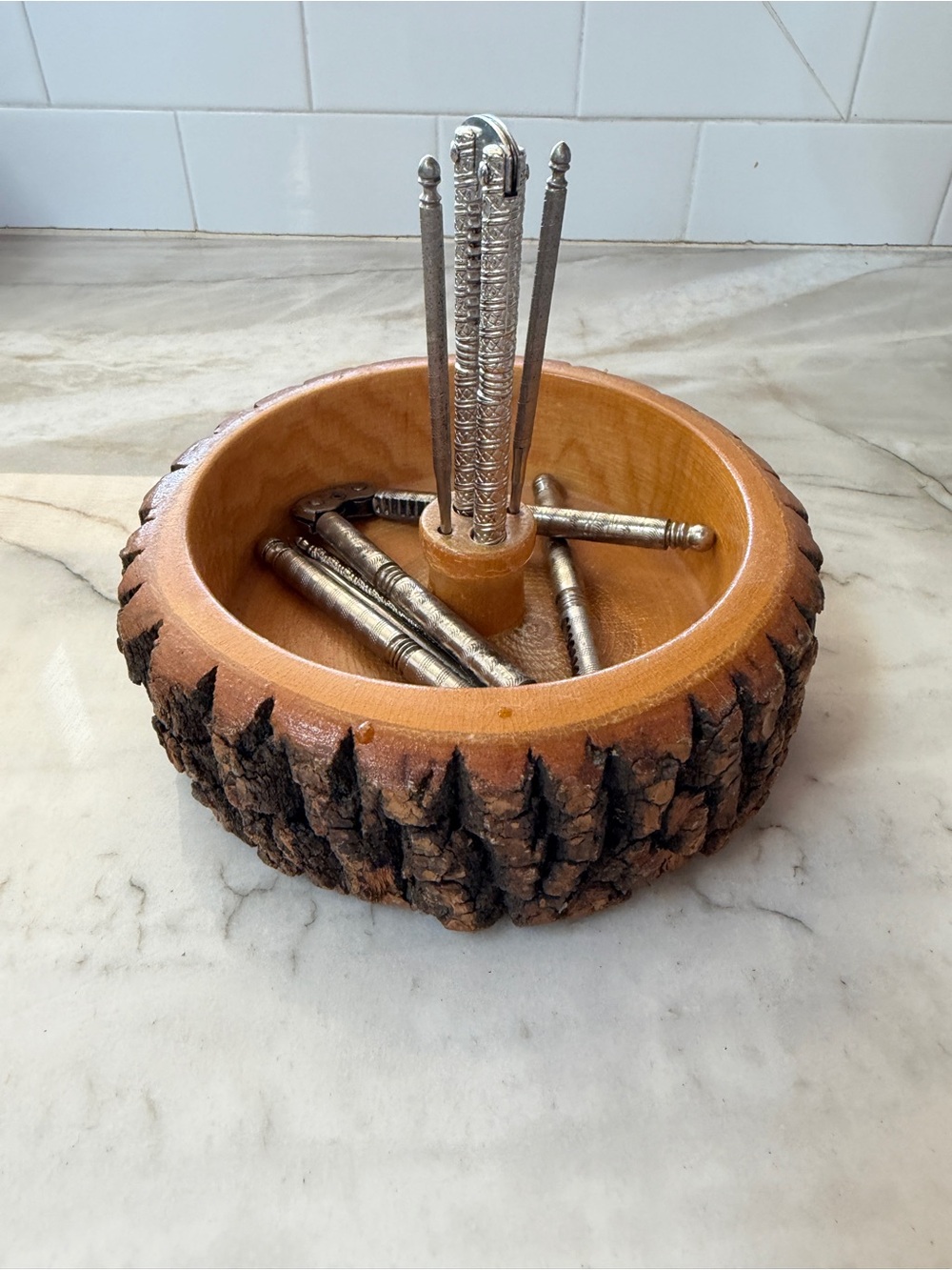 Rustic Bark-Edged Wood Nut Bowl with Vintage Silver Picks